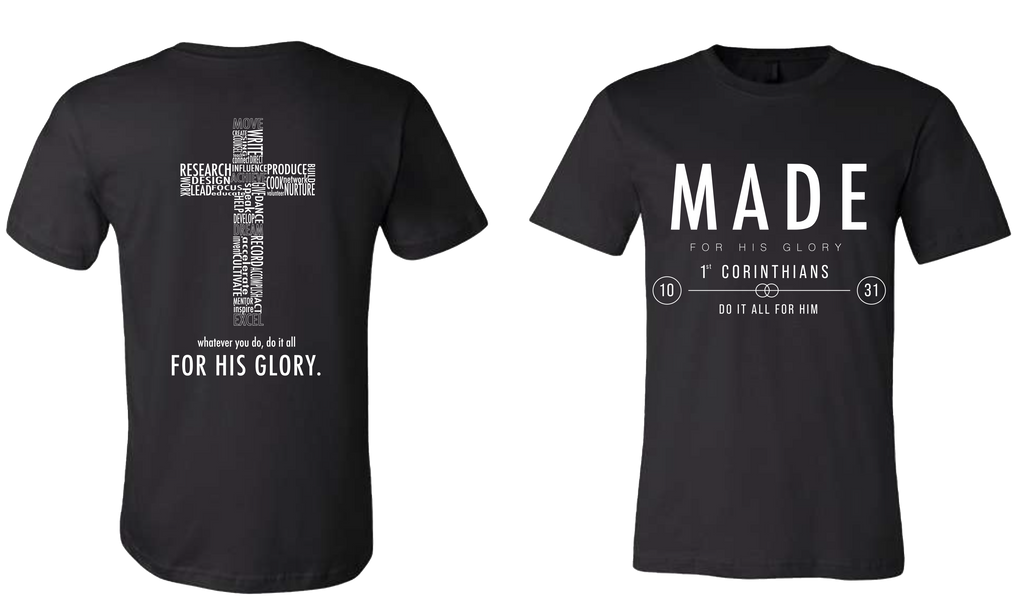 Made, black, t-shirt, large brand logo, cross, christian apparel, front and back view