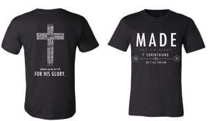 Open image in slideshow, Made, black, t-shirt, large brand logo, cross, christian apparel, front and back view
