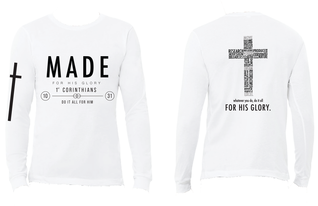 Made, T-shirt, cross, christian apparel, white, long sleeve, front and back view, large brand logo