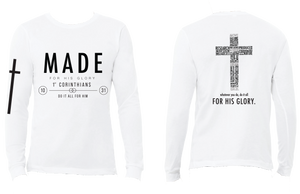 Made, T-shirt, cross, christian apparel, white, long sleeve, front and back view, large brand logo