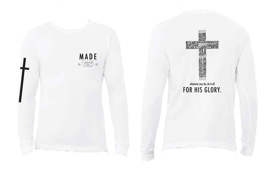 Made, T-shirt, cross, christian apparel, white, long sleeve, pocket, front and back view, brand logo