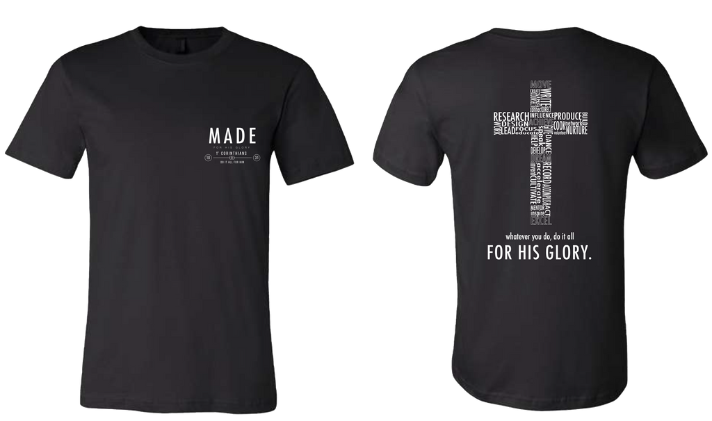 Made, black, t-shirt, cross, pocket, small brand logo, christian apparel, front and back view