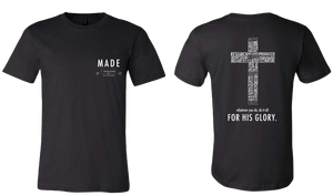 Made, black, t-shirt, cross, pocket, small brand logo, christian apparel, front and back view